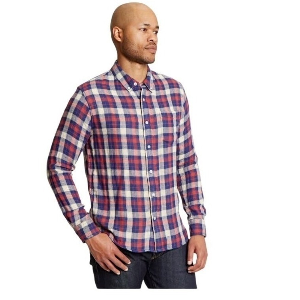 Flint and Tinder Mens Organic Cotton Plaid Button Down Shirt Red Blue Medium